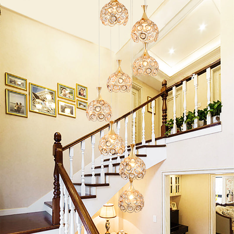Minimalist Crystal Dome Stair Cluster Pendant Lamp - 8 Lights Gold Suspension Fixture
