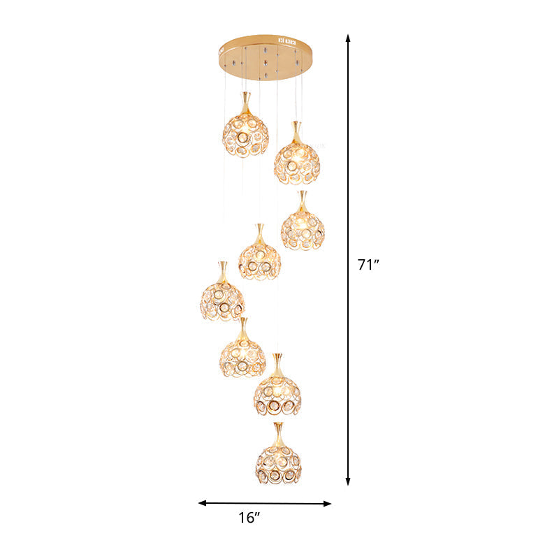 Minimalist Crystal Dome Stair Cluster Pendant Lamp - 8 Lights Gold Suspension Fixture