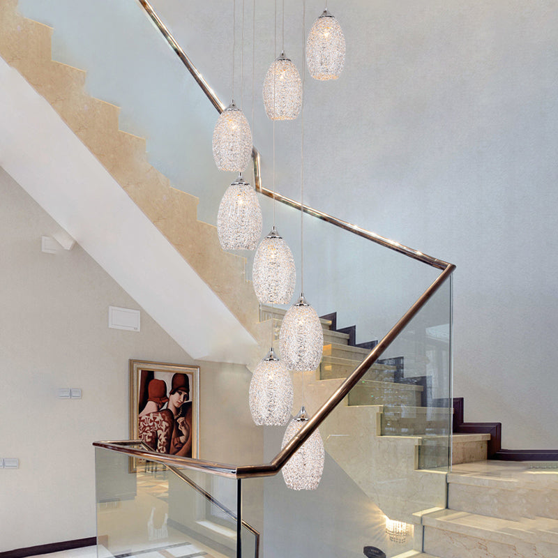 Lampe suspendue métallique contemporaine : suspension d'escalier en forme d'œuf argenté à 8 ampoules