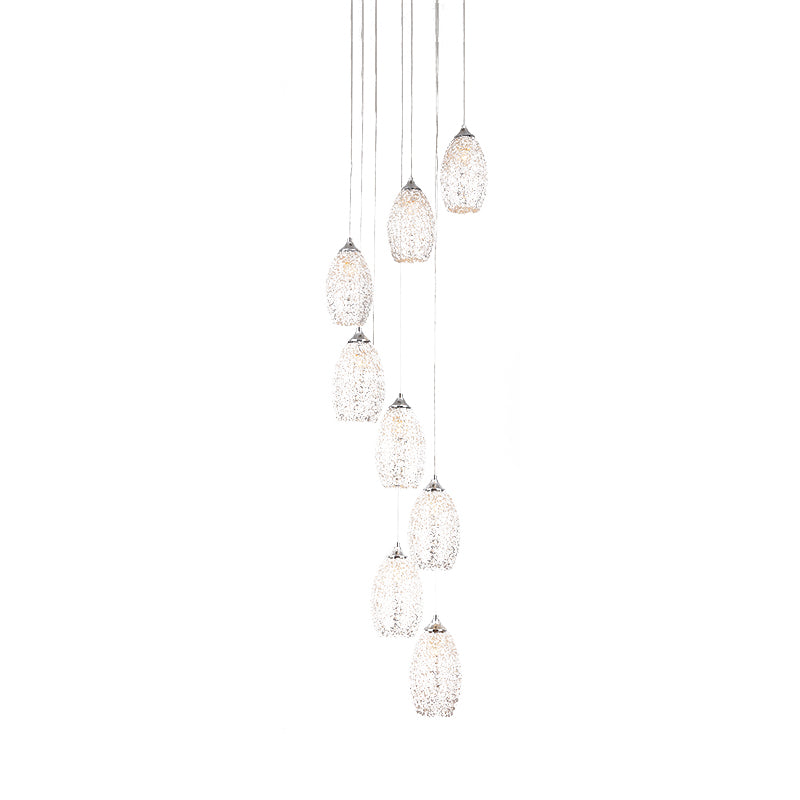 Lampe suspendue métallique contemporaine : suspension d'escalier en forme d'œuf argenté à 8 ampoules