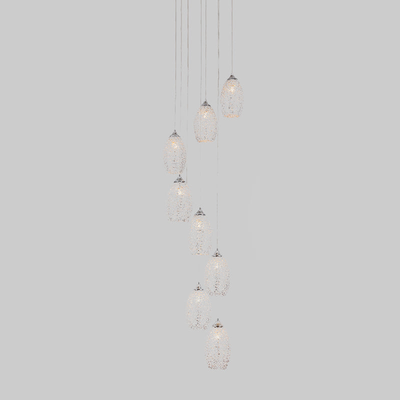 Lampe suspendue métallique contemporaine : suspension d'escalier en forme d'œuf argenté à 8 ampoules