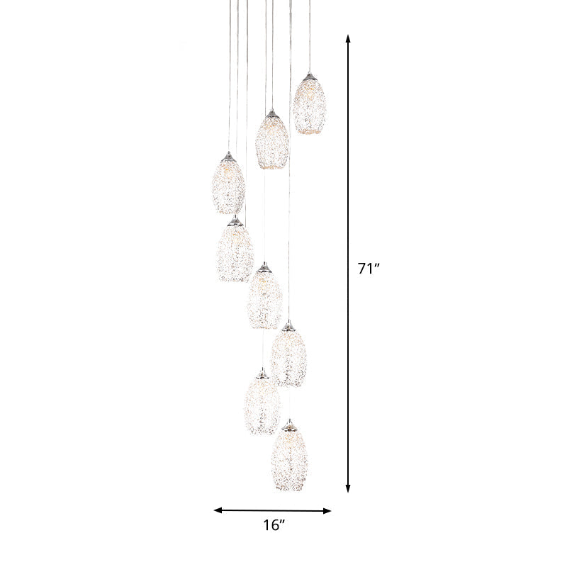 Lampe suspendue métallique contemporaine : suspension d'escalier en forme d'œuf argenté à 8 ampoules