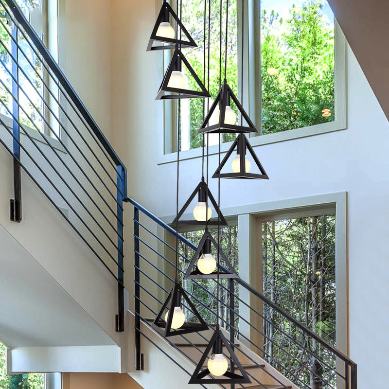Black Metal Triangle Suspension Lamp - Modern Design, 8 Lights, Multi Hanging Light Fixture