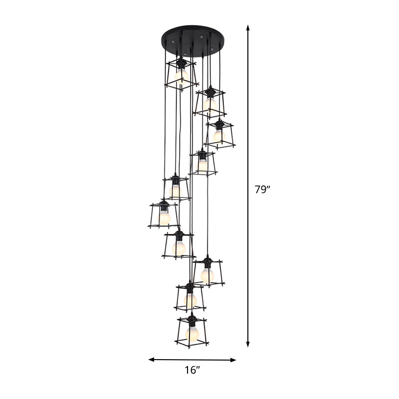 Minimalist Metallic Cube Stair Pendant With 10 Black Bulbs