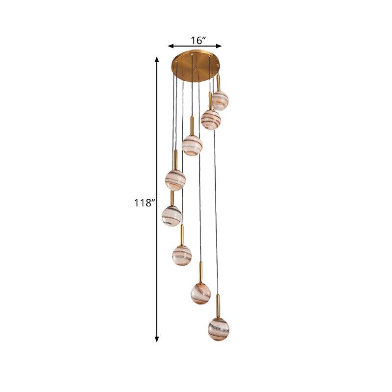 Jupiter Glass Cluster Pendant with Modern Spiral Design - 8 Light Brown Hanging Ceiling Lamp