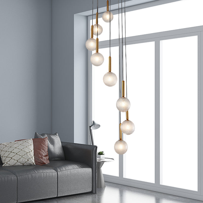 Modernist Spiral Cluster Pendant Light - 8/9 Bulbs, White/Clear Lattice Glass, Ceiling Hang Fixture