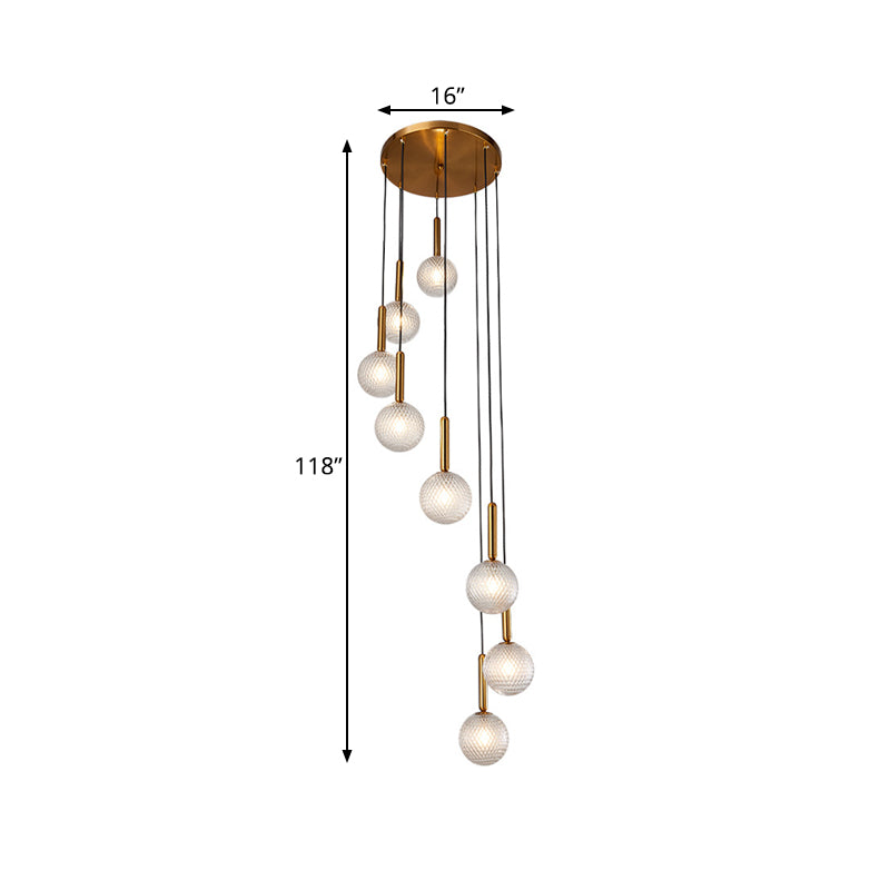 Modernist Spiral Cluster Pendant Light - 8/9 Bulbs, White/Clear Lattice Glass, Ceiling Hang Fixture