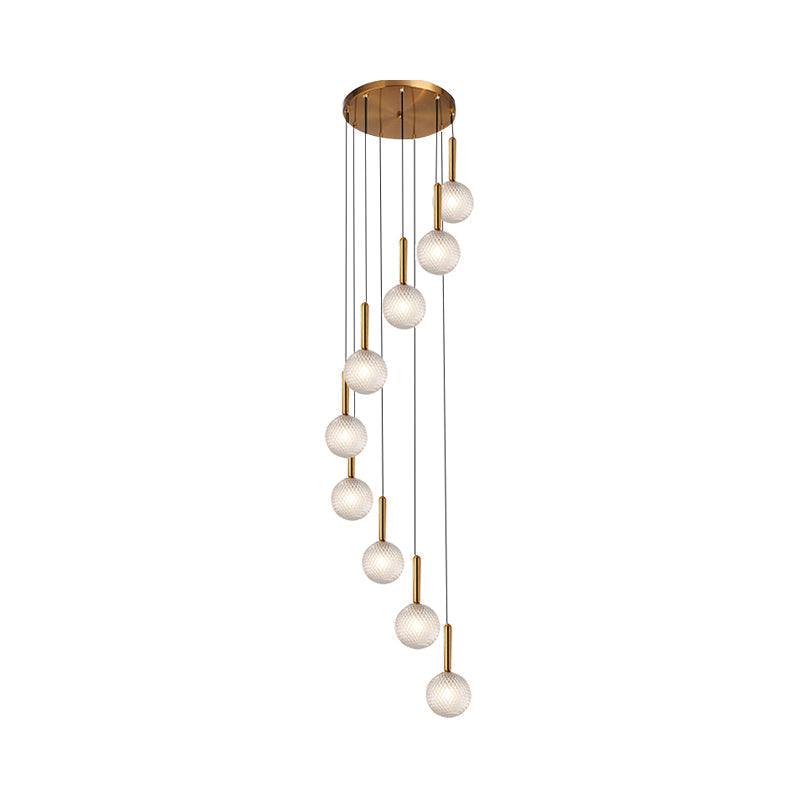 Modernist Spiral Cluster Pendant Light - 8/9 Bulbs, White/Clear Lattice Glass, Ceiling Hang Fixture