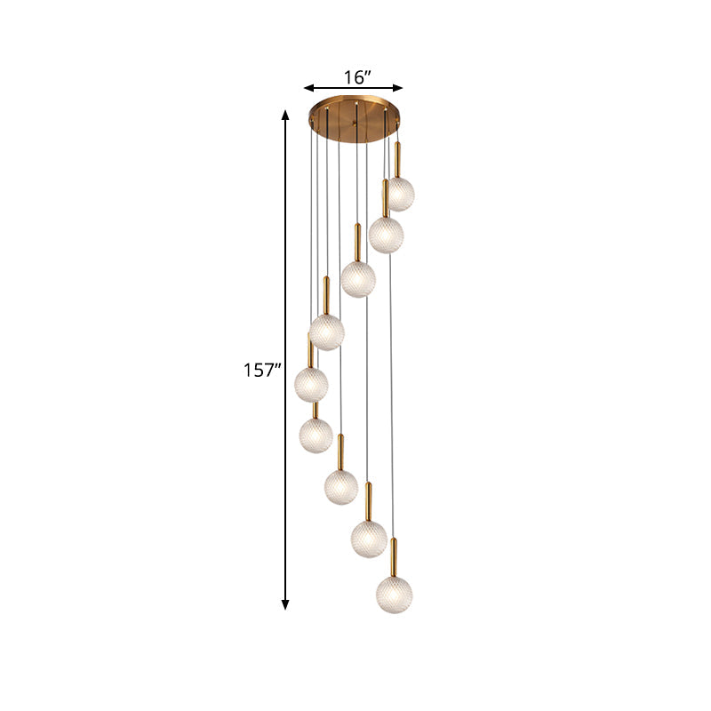 Modernist Spiral Cluster Pendant Light - 8/9 Bulbs, White/Clear Lattice Glass, Ceiling Hang Fixture