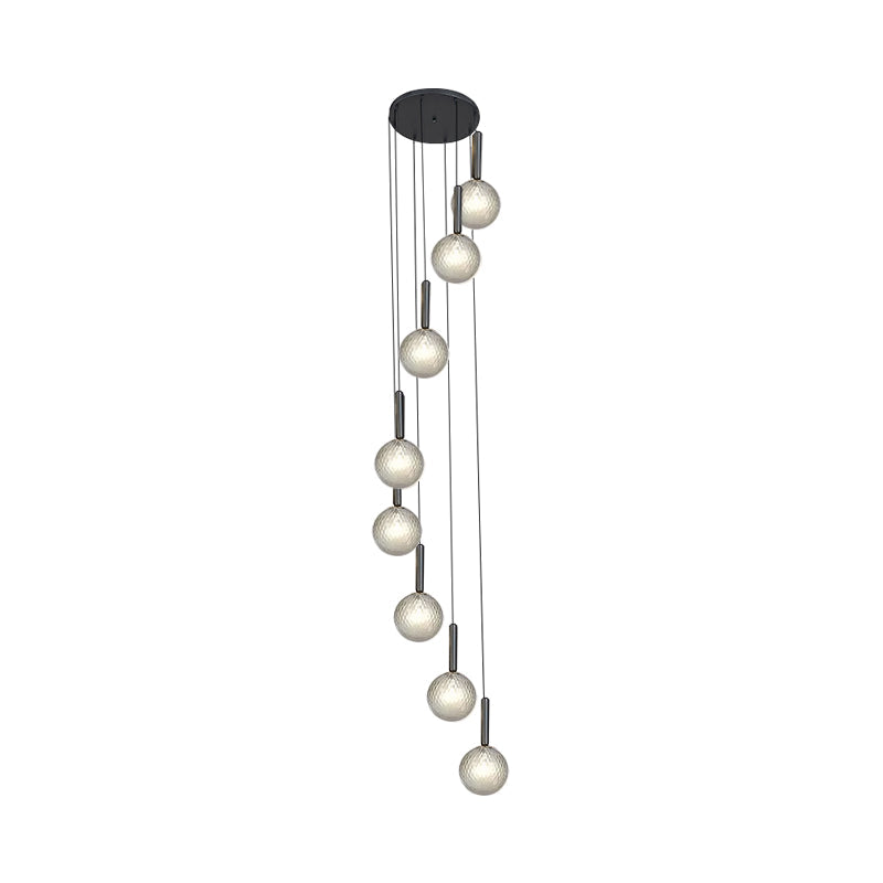 Modern White/Clear Lattice Glass Spiral Living Room Pendant - 8/9 Heads
