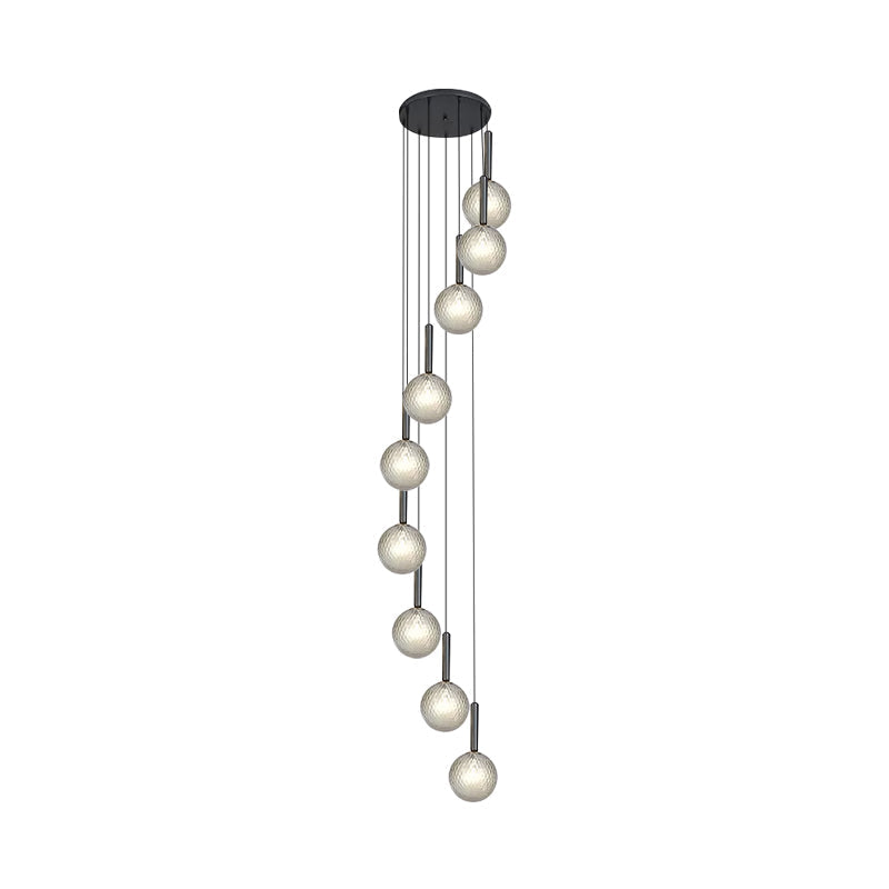 Modern White/Clear Lattice Glass Spiral Living Room Pendant - 8/9 Heads