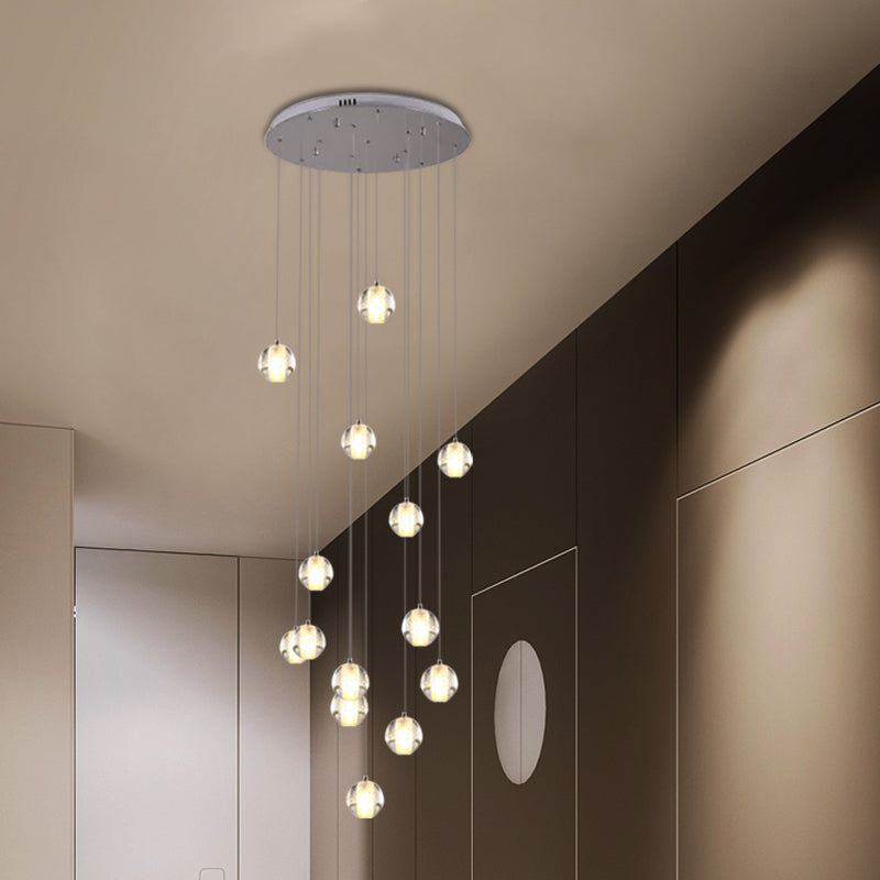 Modern White Crystal Cluster Pendant Light: 14-Bulb Meteor Shower Stair Hanging Lamp / Round
