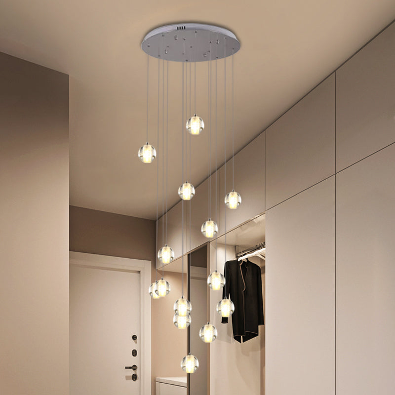 Modern White Crystal Cluster Pendant Light: 14-Bulb Meteor Shower Stair Hanging Lamp