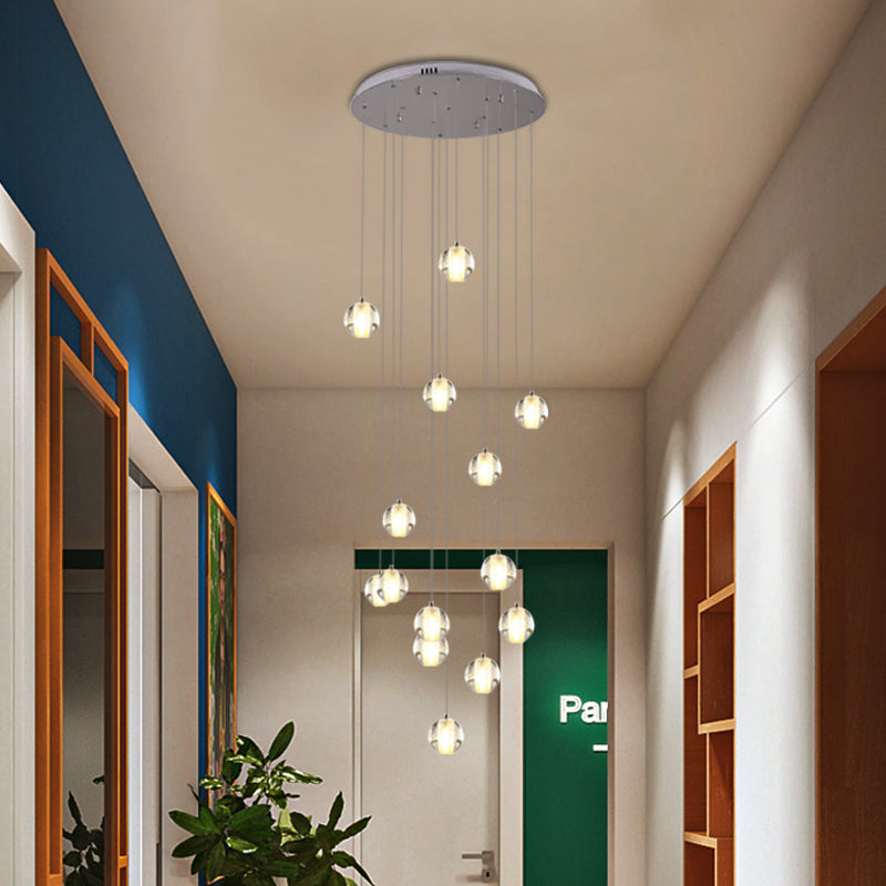 Modern White Crystal Cluster Pendant Light with 14 Bulbs - Meteor Shower Stair Hanging Lamp