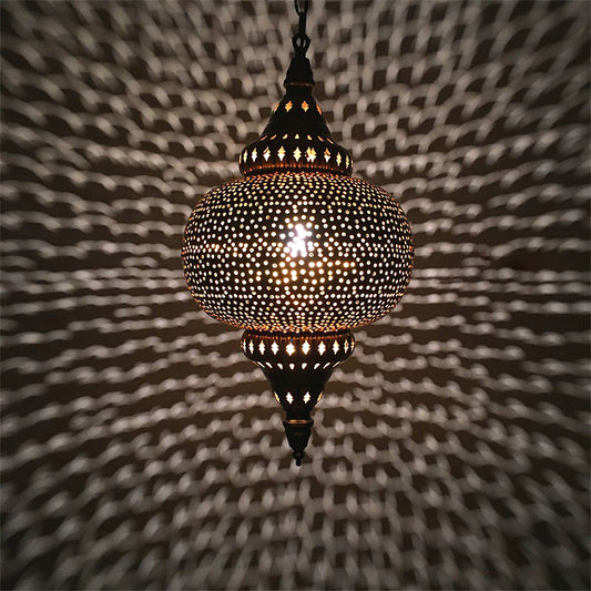 Metal Brass Hanging Lamp Arab Pendant Ceiling Light - Oval/Spot/Double Ring Pattern 1-Head