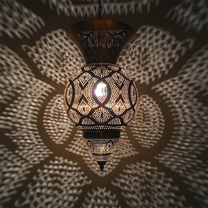 Metal Brass Hanging Lamp Arab Pendant Ceiling Light - Oval/Spot/Double Ring Pattern 1-Head