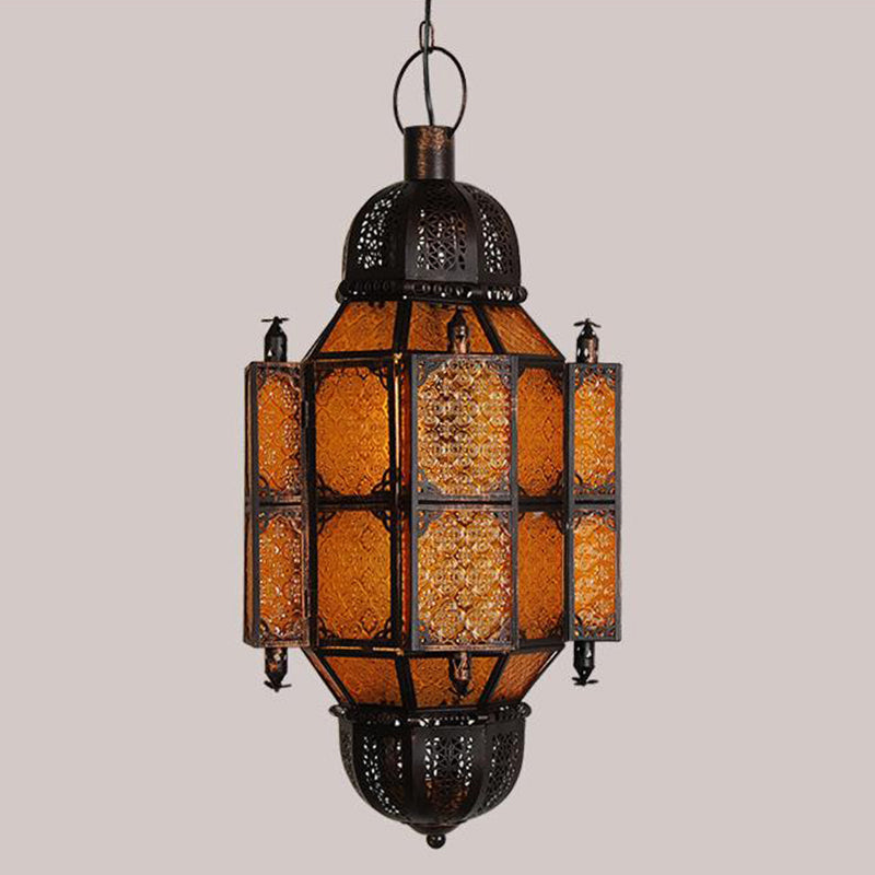 Vintage Black Lantern Pendant With Yellow Textured Glass Shade - 1-Bulb Restaurant Ceiling Light