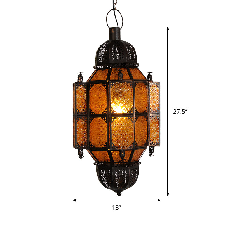Vintage Black Lantern Pendant With Yellow Textured Glass Shade - 1-Bulb Restaurant Ceiling Light