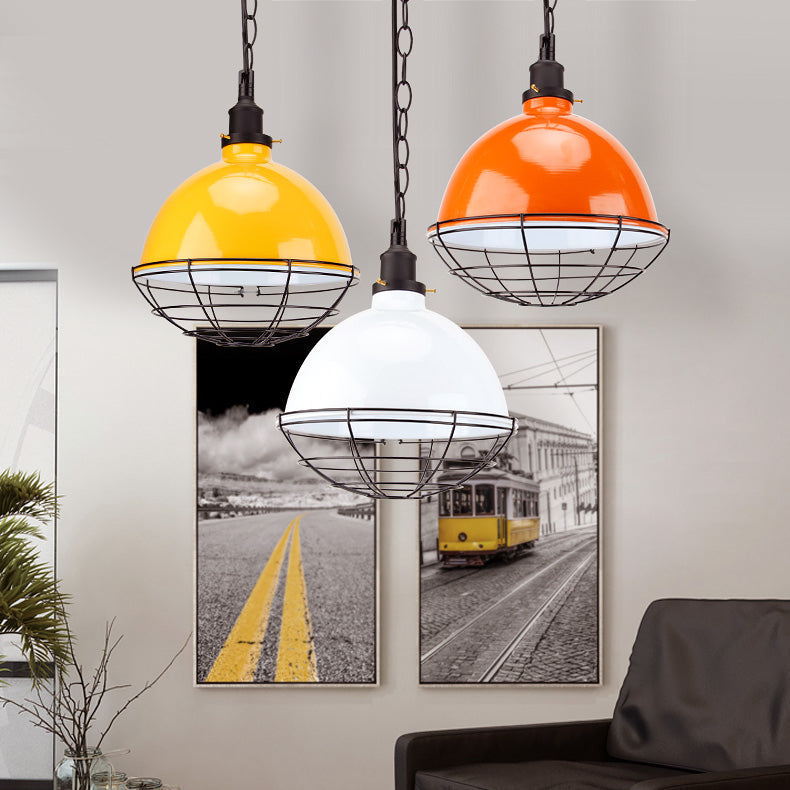 Retro Industrial Metal Pendant Light - Bowl Shade, 1 Bulb - Black/White/Red - Indoor Ceiling Light with Wire Guard and Chain