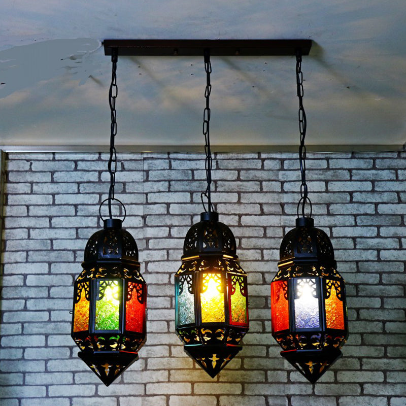 Vintage Metallic Lantern Pendant Lamp - Black 3-Bulb Hanging Lighting For Restaurant