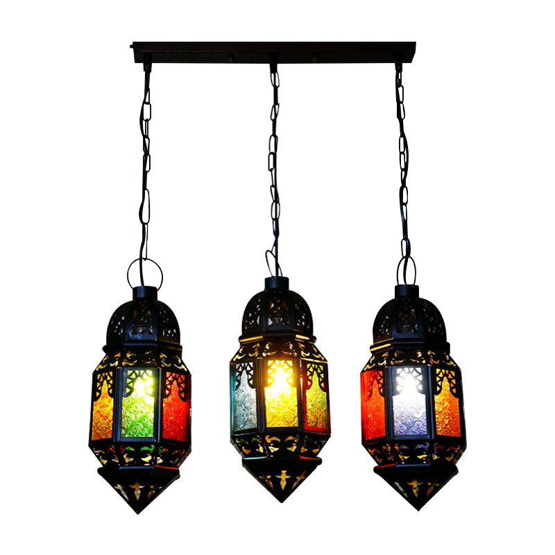 Vintage Metallic Lantern Pendant Lamp - Black 3-Bulb Hanging Lighting For Restaurant