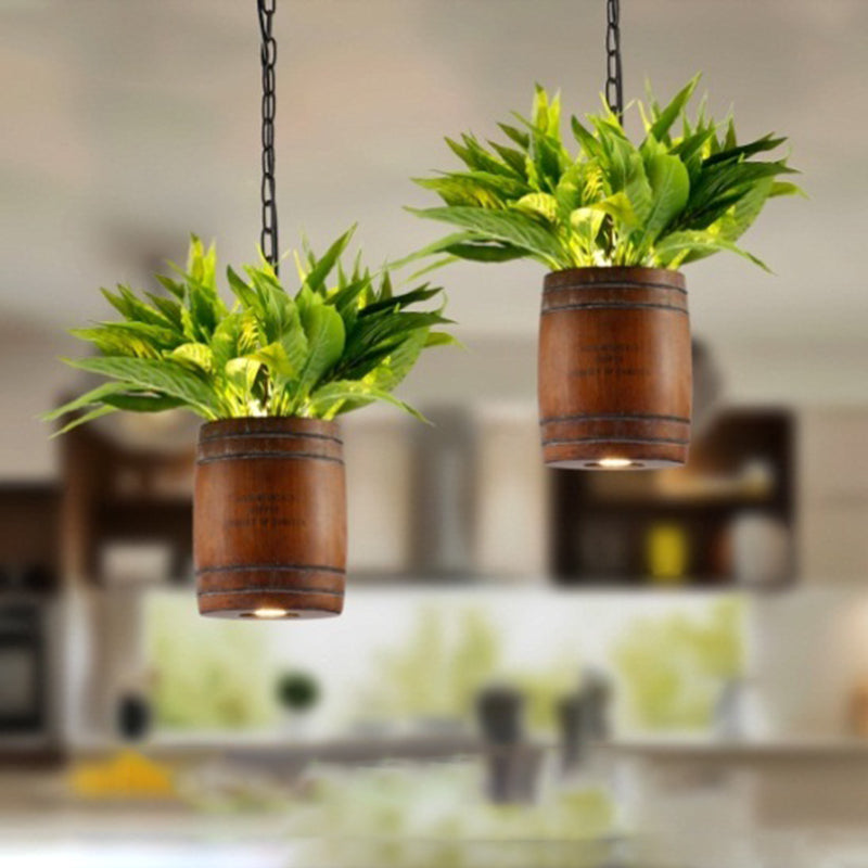 Industrial Brown Wooden Ceiling Pendant With Plant - 1 Head Barrel Suspension Lamp For Restaurants
