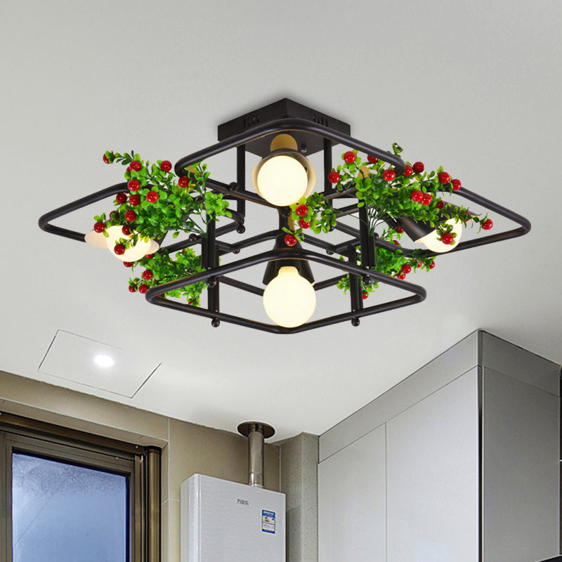 5/8 Lights Industrial Black Metal Semi Flush Mount Ceiling Lighting for Living Room - Square/Rectangle Shape