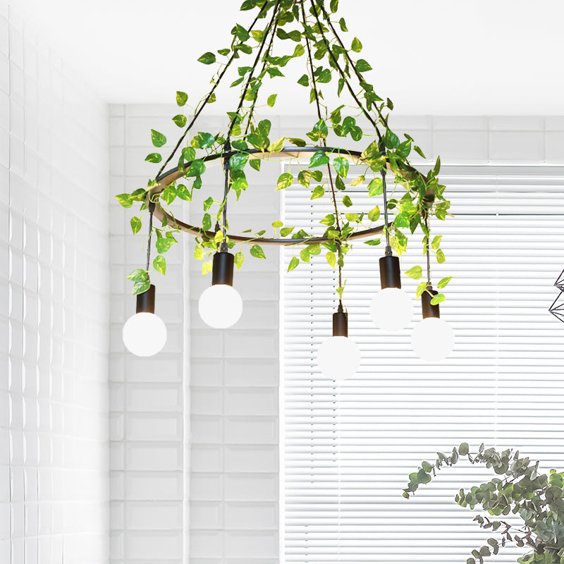 Plafonnier industriel à 6 ampoules en métal noir avec décor végétal - Style restaurant