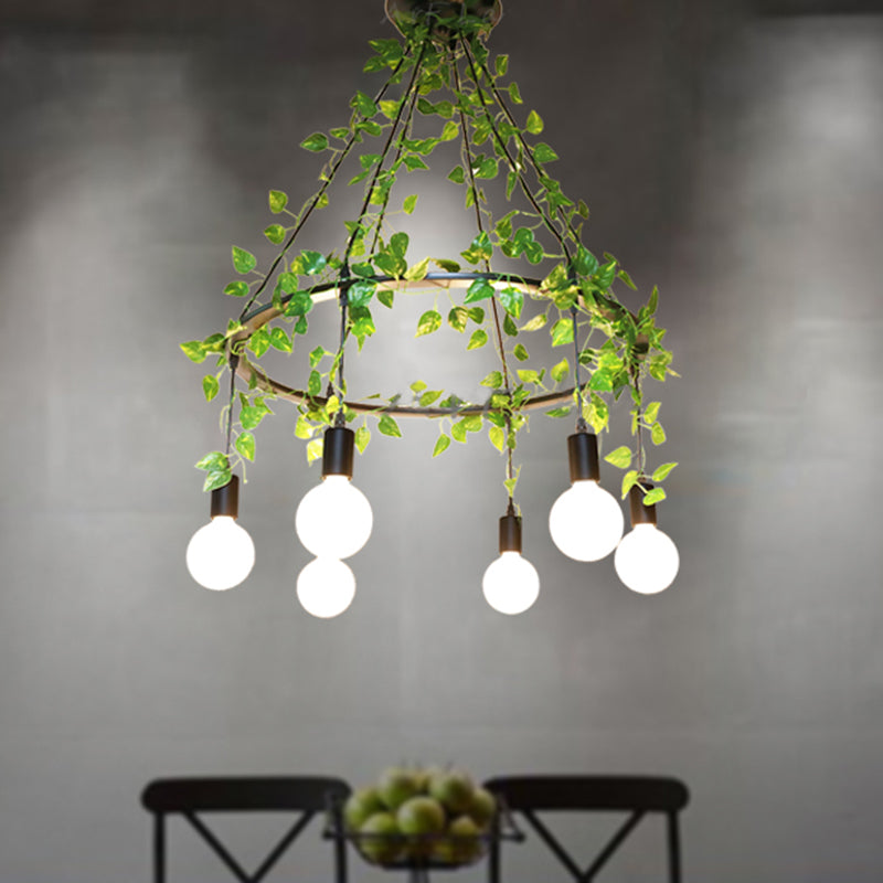 Plafonnier industriel à 6 ampoules en métal noir avec décor végétal - Style restaurant