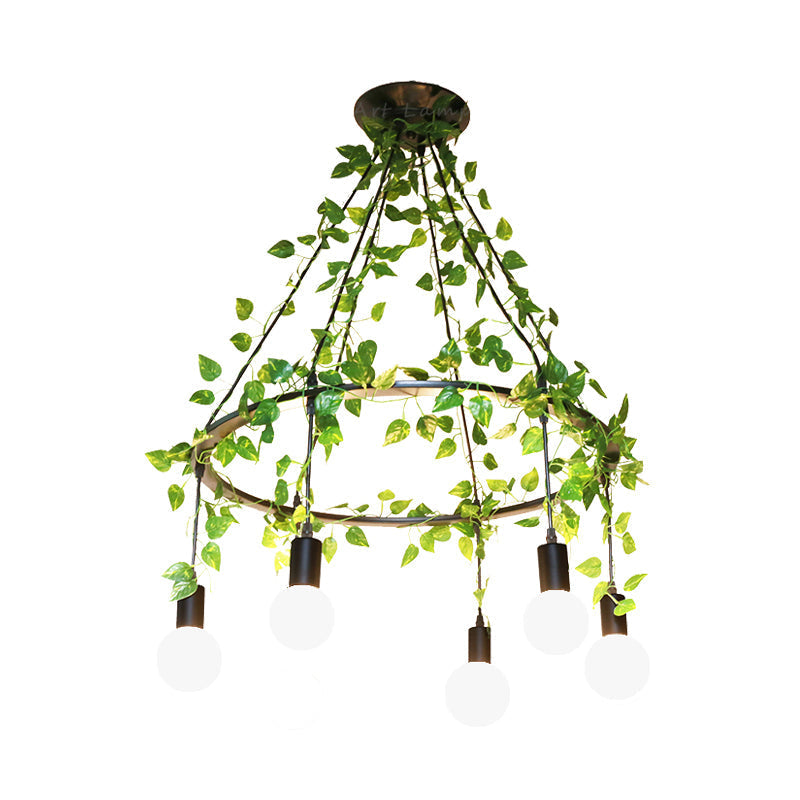 Plafonnier industriel à 6 ampoules en métal noir avec décor végétal - Style restaurant