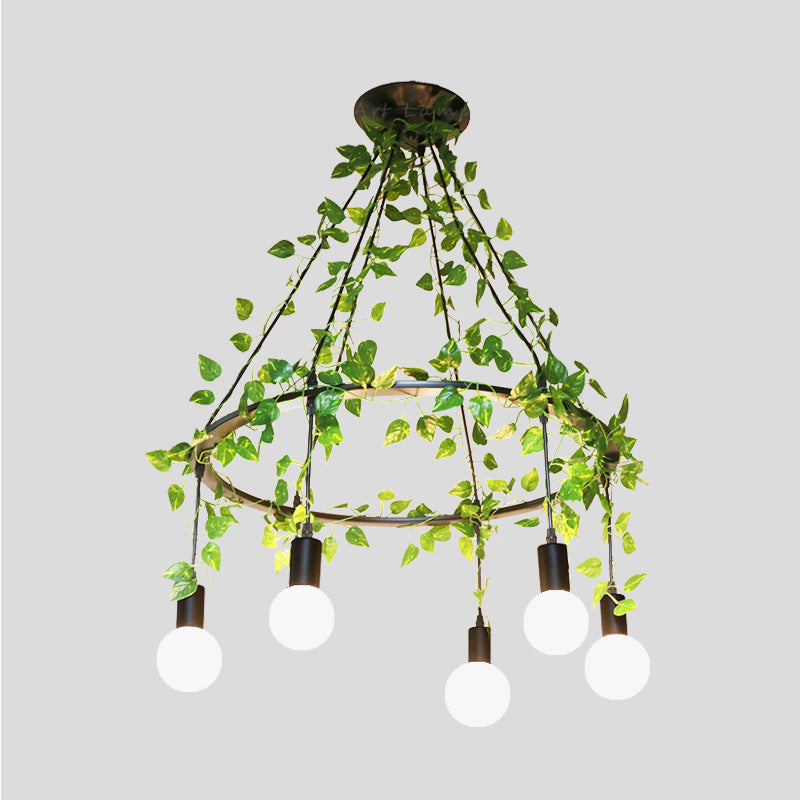 Plafonnier industriel à 6 ampoules en métal noir avec décor végétal - Style restaurant