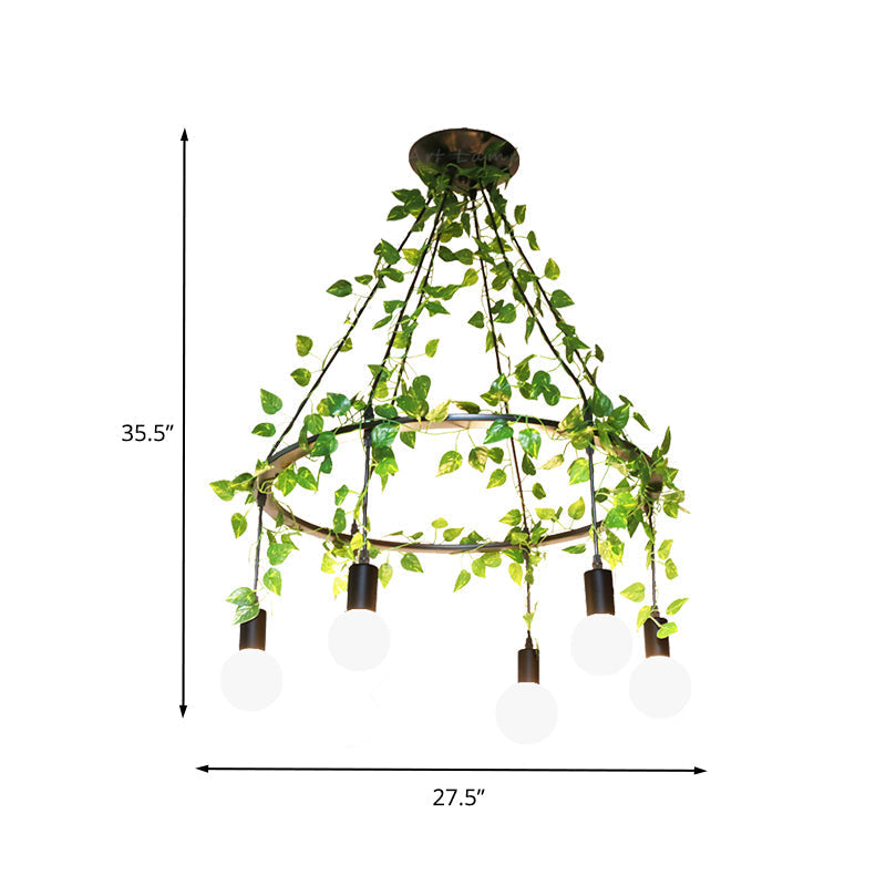 Plafonnier industriel à 6 ampoules en métal noir avec décor végétal - Style restaurant