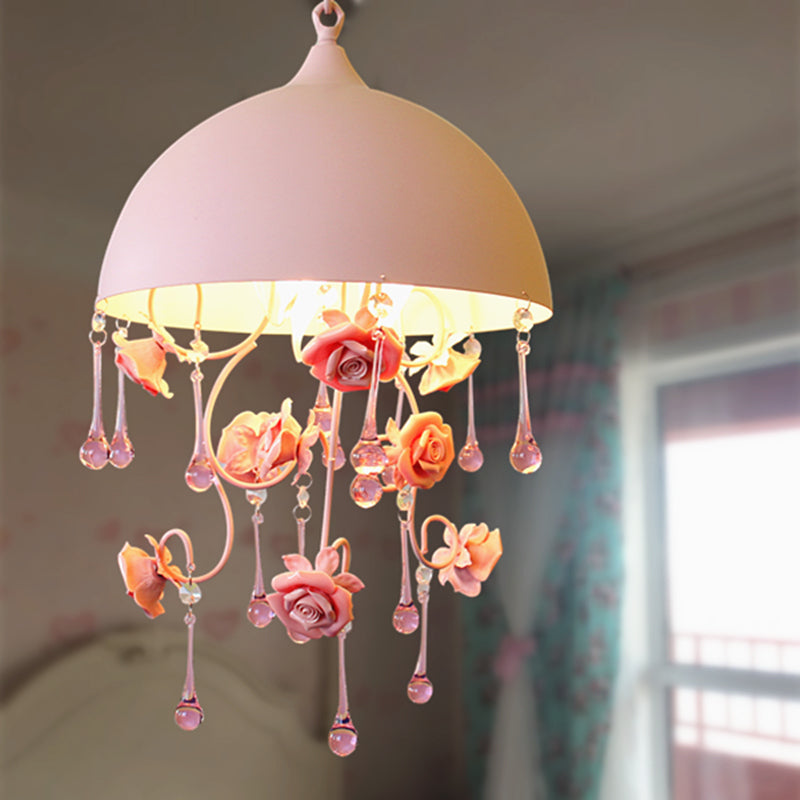Pink Metal Rose Pendant Lamp - Pastoral 1 Light Domed Hanging Fixture For Living Room