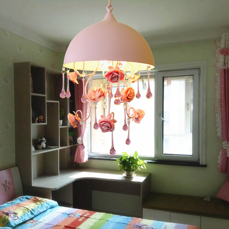 Pink Metal Rose Pendant Lamp - Pastoral 1 Light Domed Hanging Fixture For Living Room
