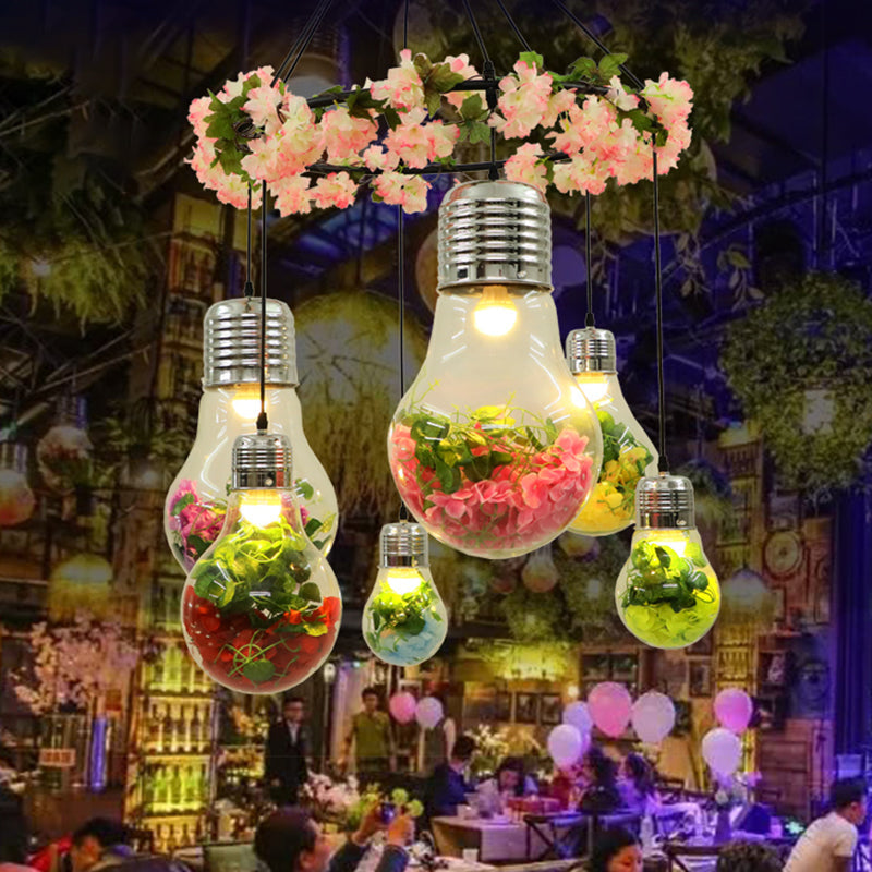 Suspension LED industrielle en verre transparent - Noir, 6 têtes, suspension florale - Idéal pour les restaurants