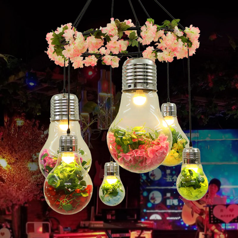 Suspension LED industrielle en verre transparent - Noir, 6 têtes, suspension florale - Idéal pour les restaurants