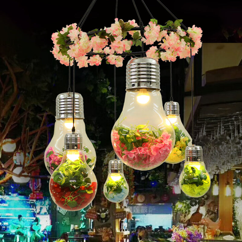 Suspension LED industrielle en verre transparent - Noir, 6 têtes, suspension florale - Idéal pour les restaurants