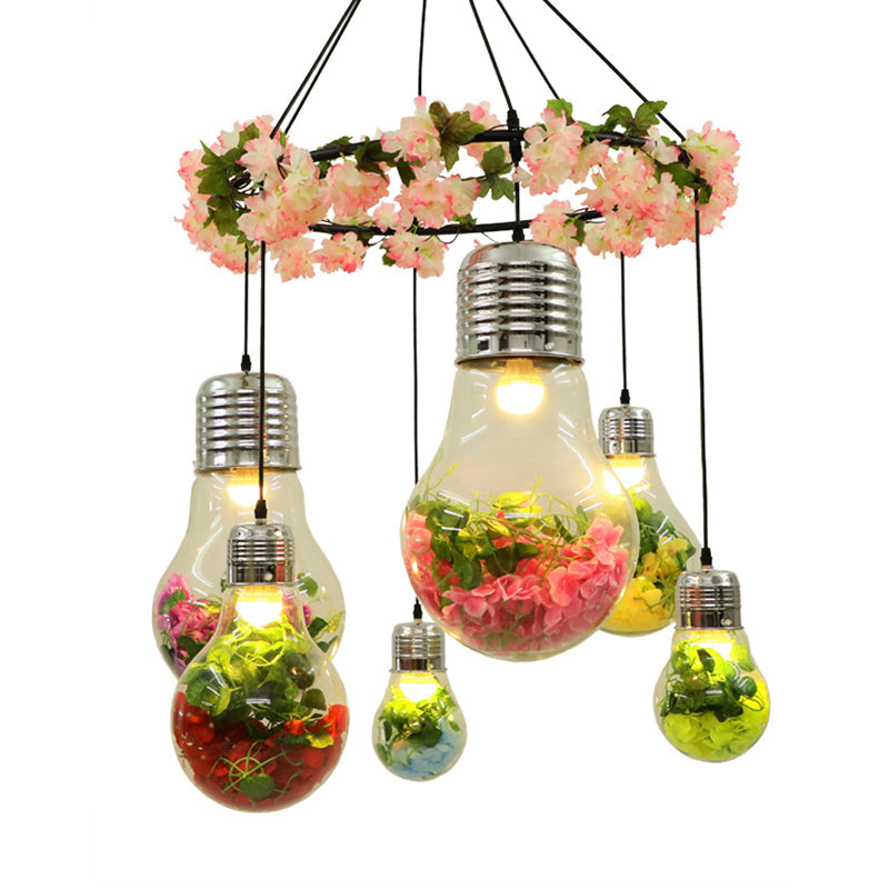 Suspension LED industrielle en verre transparent - Noir, 6 têtes, suspension florale - Idéal pour les restaurants
