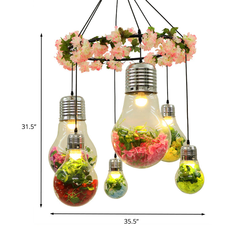 Suspension LED industrielle en verre transparent - Noir, 6 têtes, suspension florale - Idéal pour les restaurants