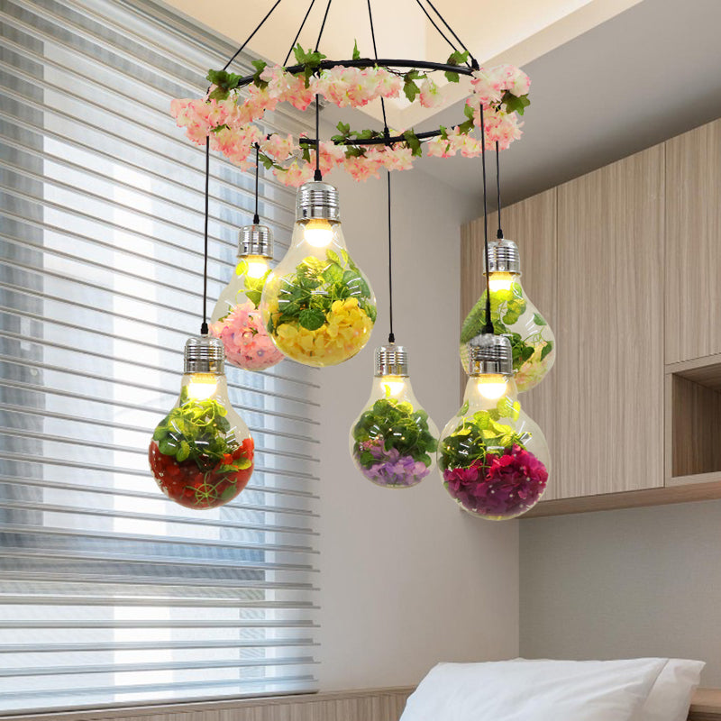 Suspension LED industrielle en verre transparent - Noir, 6 têtes, suspension florale - Idéal pour les restaurants