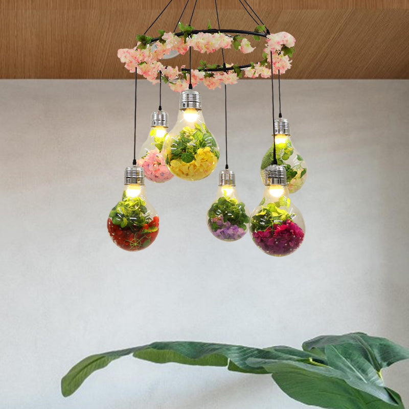 Suspension LED industrielle en verre transparent - Noir, 6 têtes, suspension florale - Idéal pour les restaurants
