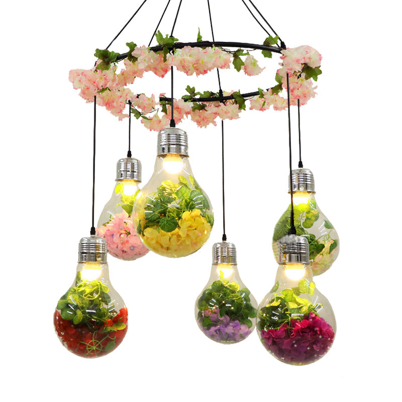 Suspension LED industrielle en verre transparent - Noir, 6 têtes, suspension florale - Idéal pour les restaurants