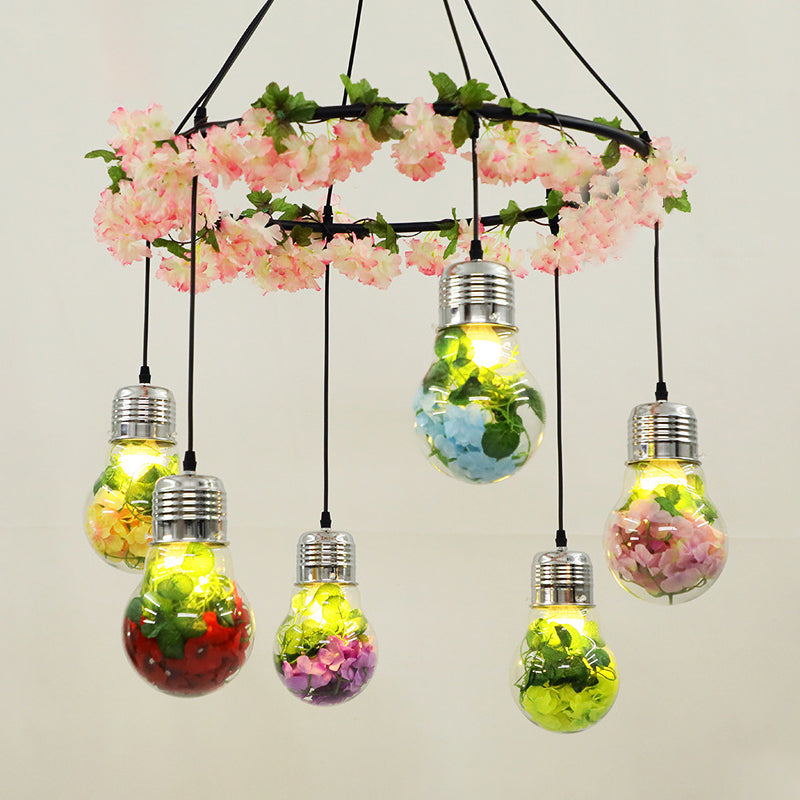 Suspension LED industrielle en verre transparent - Noir, 6 têtes, suspension florale - Idéal pour les restaurants