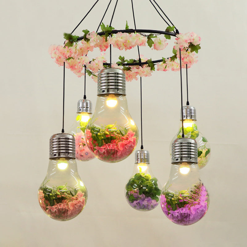 Suspension LED industrielle en verre transparent - Noir, 6 têtes, suspension florale - Idéal pour les restaurants