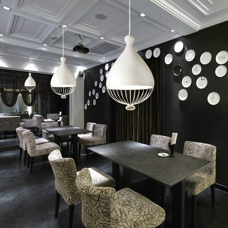 Modern White Teardrop Pendant Lamp With Wire Guard - Aluminum Ceiling Light For Restaurants