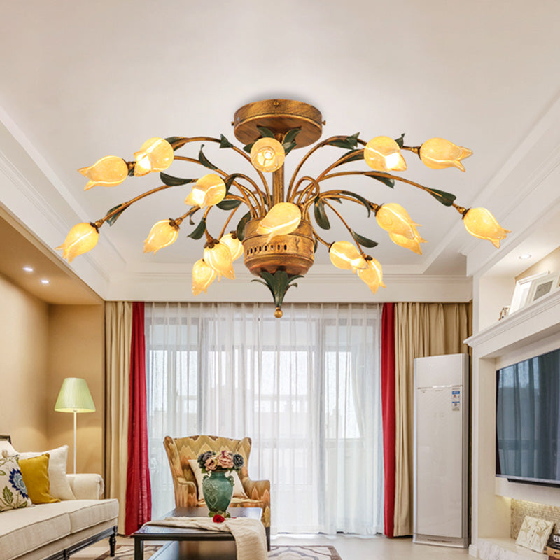 Plafonnier tulipe de style pastoral avec 18 ampoules LED en laiton pour éclairage semi-encastré de salon