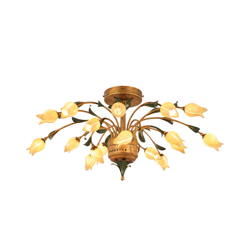 Plafonnier tulipe de style pastoral avec 18 ampoules LED en laiton pour éclairage semi-encastré de salon