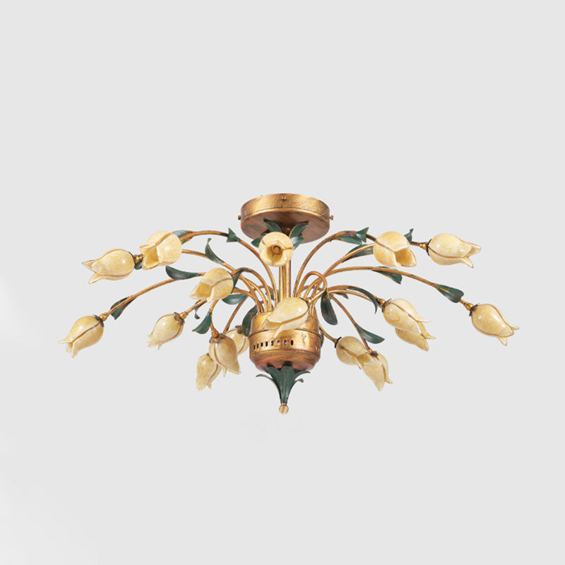 Plafonnier tulipe de style pastoral avec 18 ampoules LED en laiton pour éclairage semi-encastré de salon