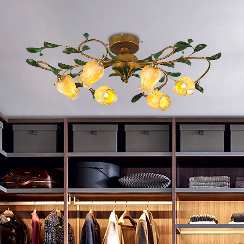 Plafonnier LED en métal Countryside Lily/Tulip - 6/8 ampoules, finition laiton