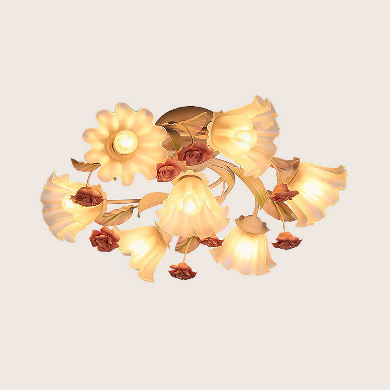 White Korean Garden Metal Flower Semi Flush Mount Ceiling Light for Living Room - 4/7 Lights